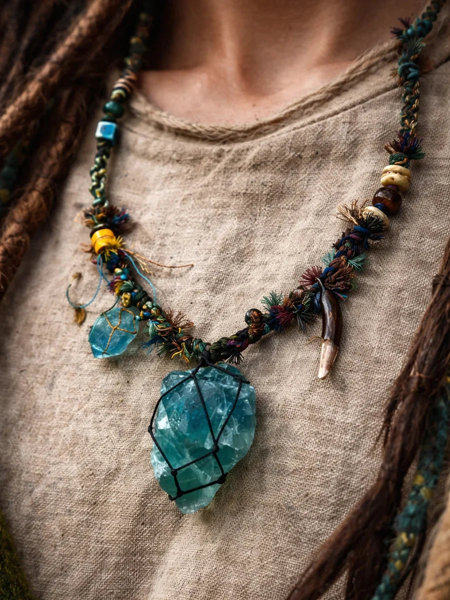 Healing Clarity Green Fluorite Raw Stone Tibetan Necklace