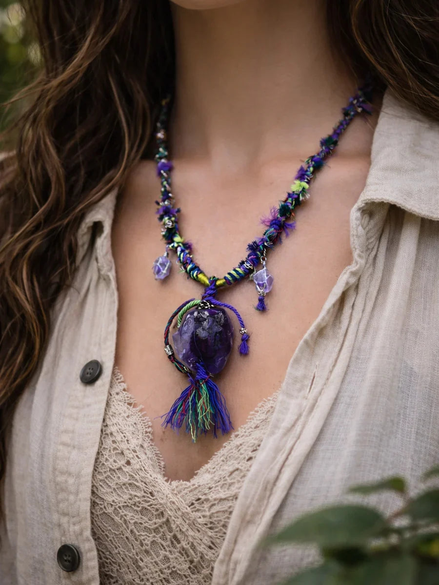 Amethyst Raw Stone Tibetan Necklace – Inner Peace and Spiritual Clarity