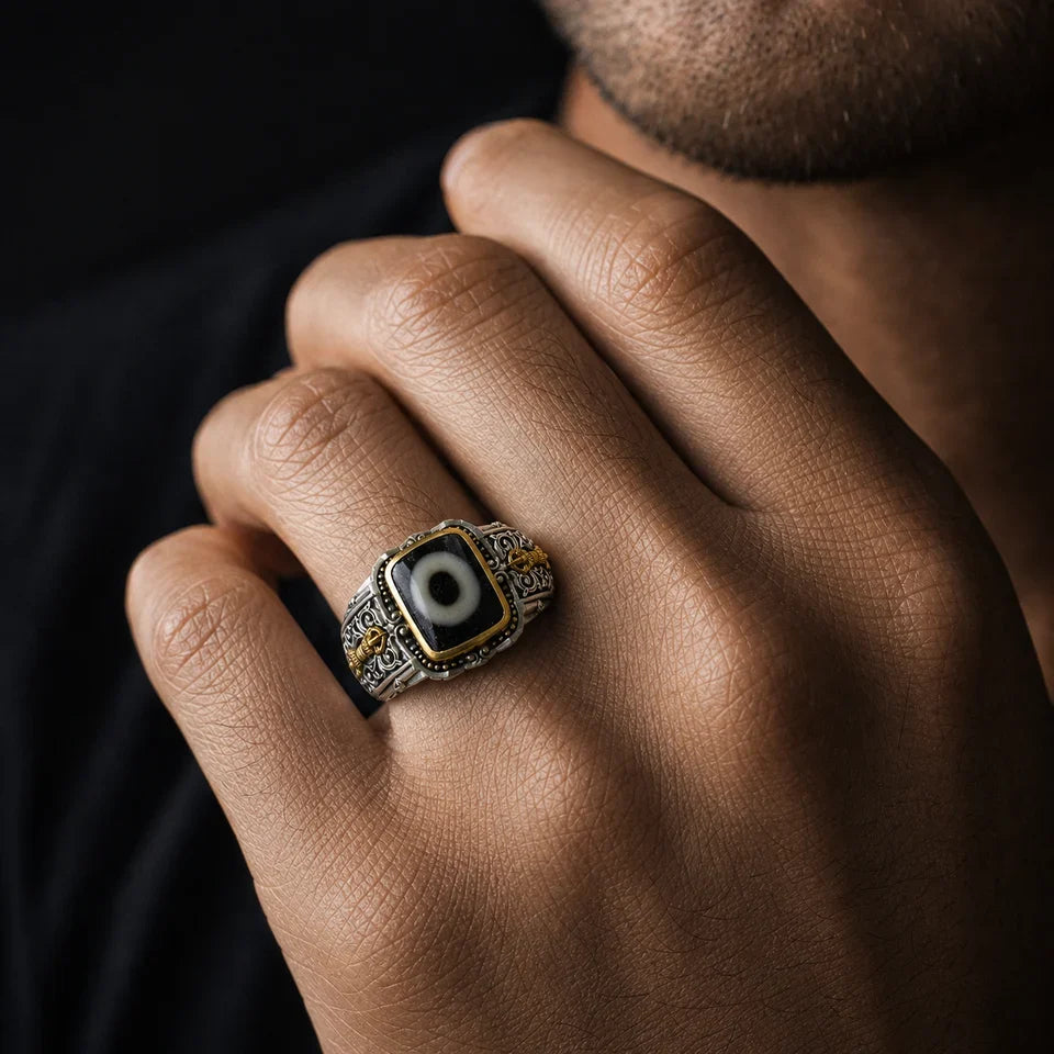 Clarity Dzi Silver Protection Tibetan Treasure Ring