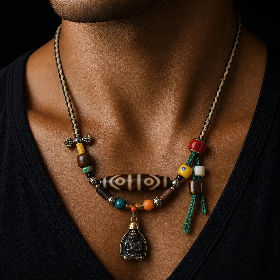 Flowing Fortune Water-Pattern Eight-Eyed Agate Dzi Necklace