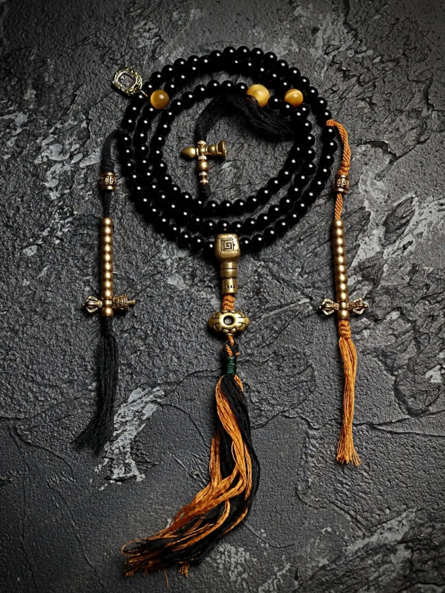 Shadow & Gold 108 Natural Black Agate Mala Necklace