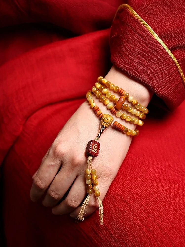 Tibetan Wealth Tiger Eye & Amber Necklace