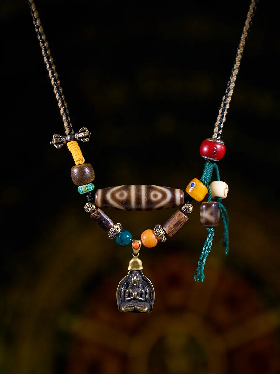 Flowing Fortune Water-Pattern Eight-Eyed Agate Dzi Necklace