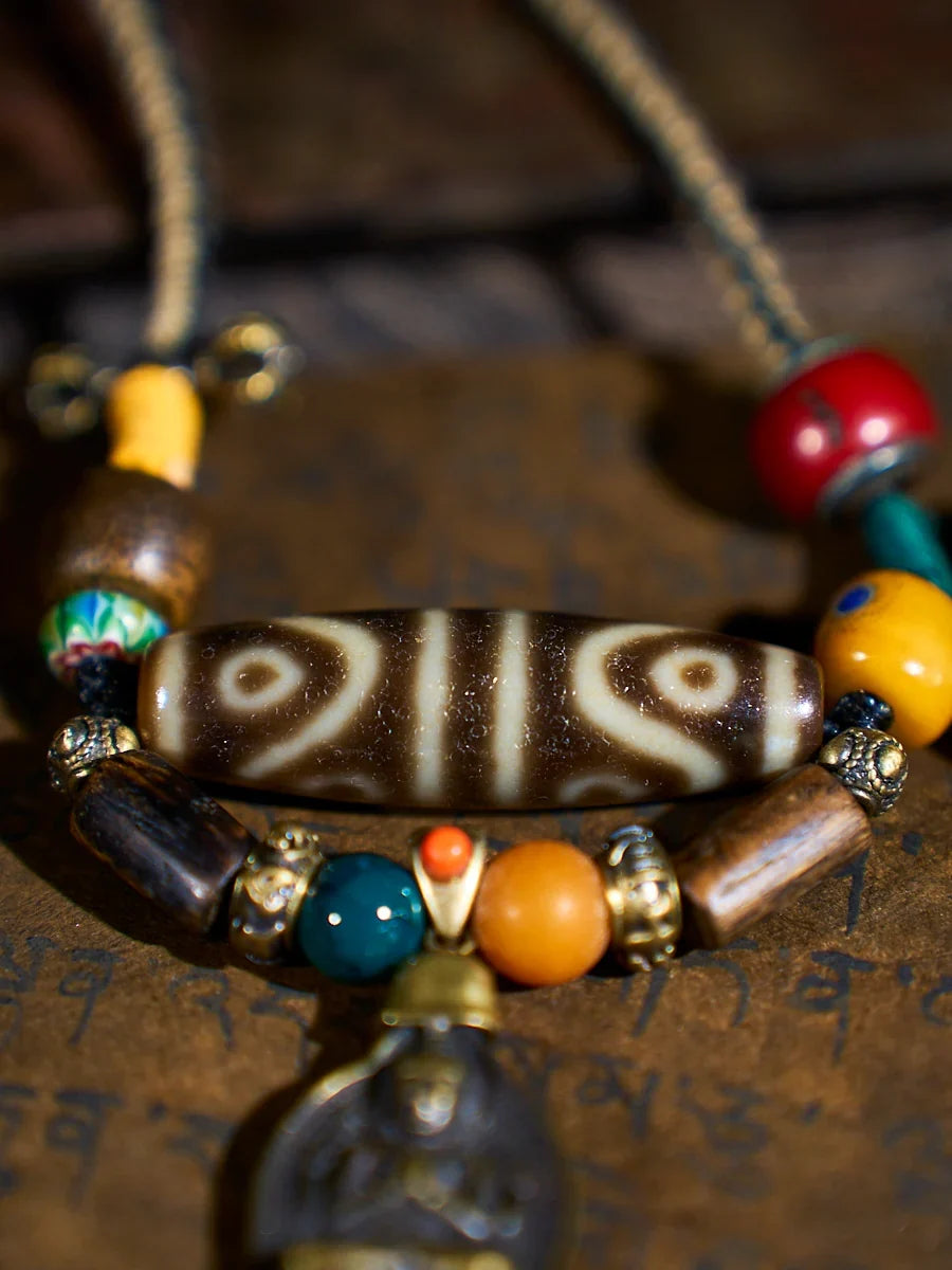 Flowing Fortune Water-Pattern Eight-Eyed Agate Dzi Necklace