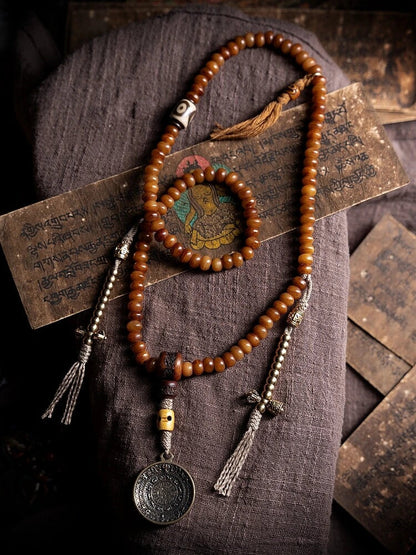 Golden Blessing 108 Yak Bone Dzi Lotus Tibetan Mala Necklace