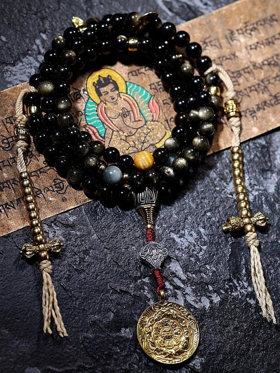 Solar Shield & Wealth 108 Gold Sheen Obsidian Mala