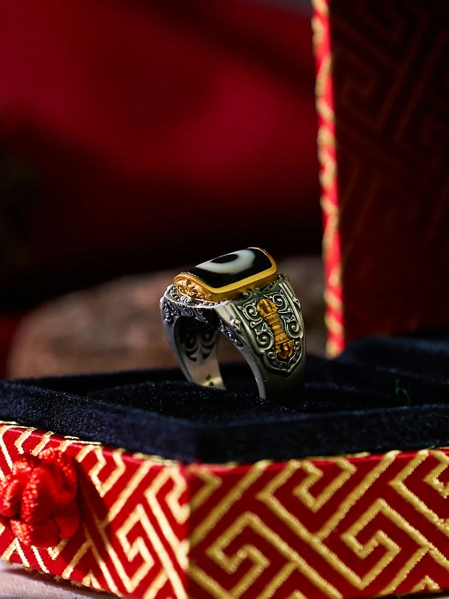 Clarity Dzi Silver Protection Tibetan Treasure Ring