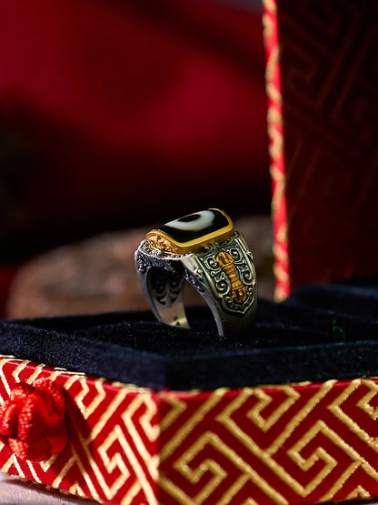 Clarity Dzi Silver Protection Tibetan Treasure Ring
