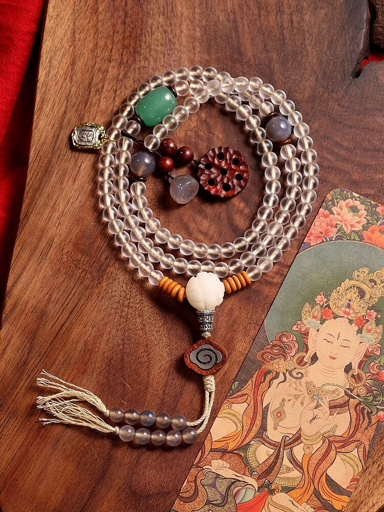 Soft Glow Clear Quartz 108 Mala Beads Necklace