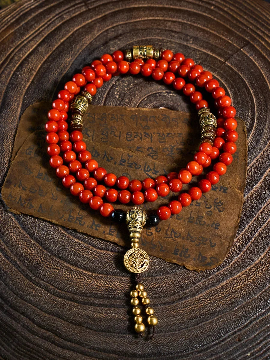 Health Protection Red Agate Obsidian Copper 108 Mala Necklace