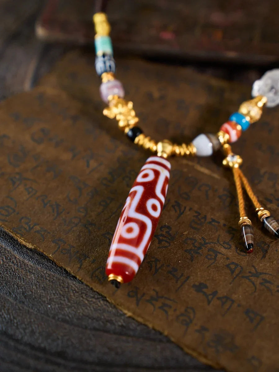 Fortune & Protection Nine-Eyed Cinnabar Dzi Bead Tibetan Necklace