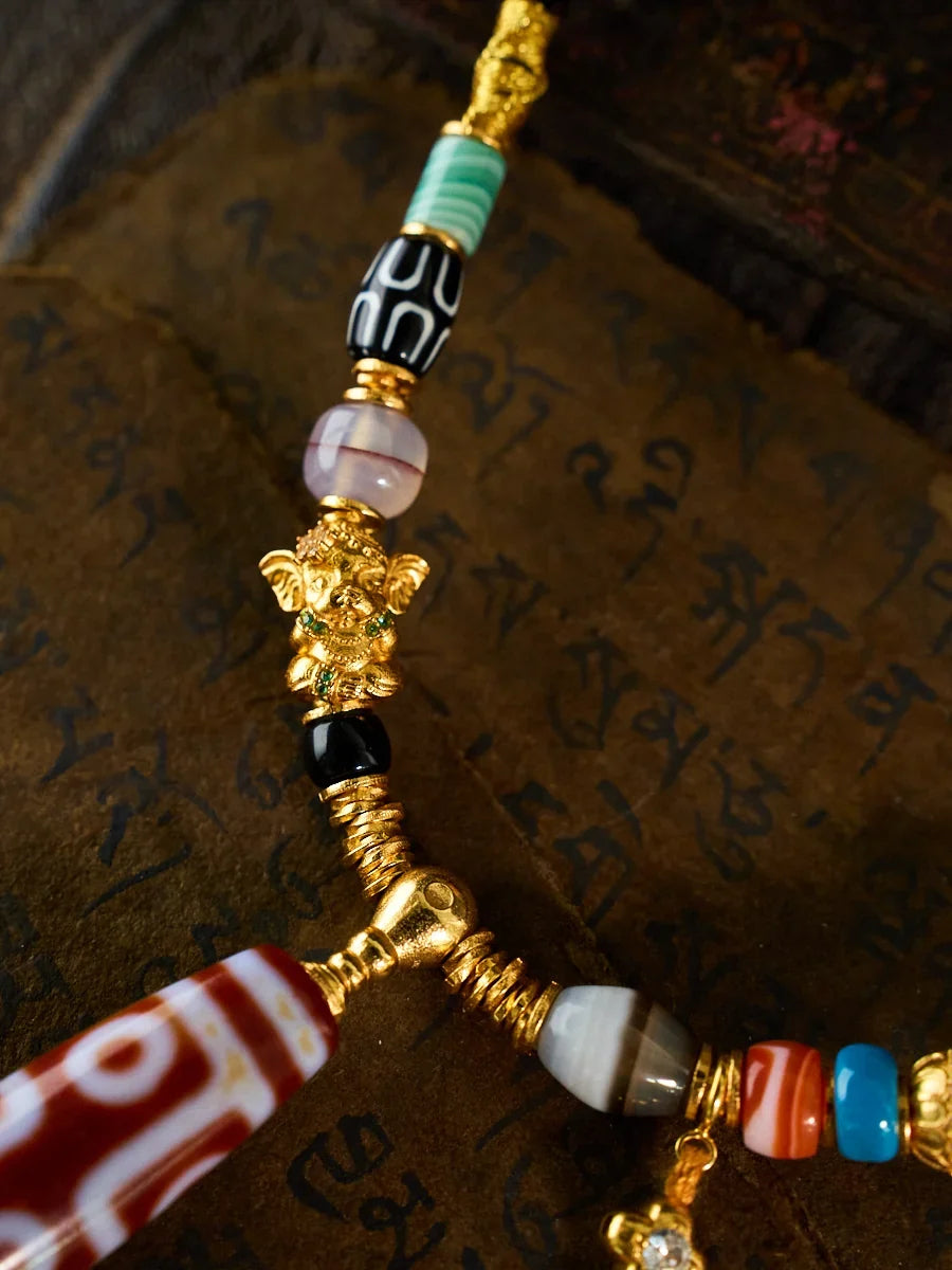 Fortune & Protection Nine-Eyed Cinnabar Dzi Bead Tibetan Necklace