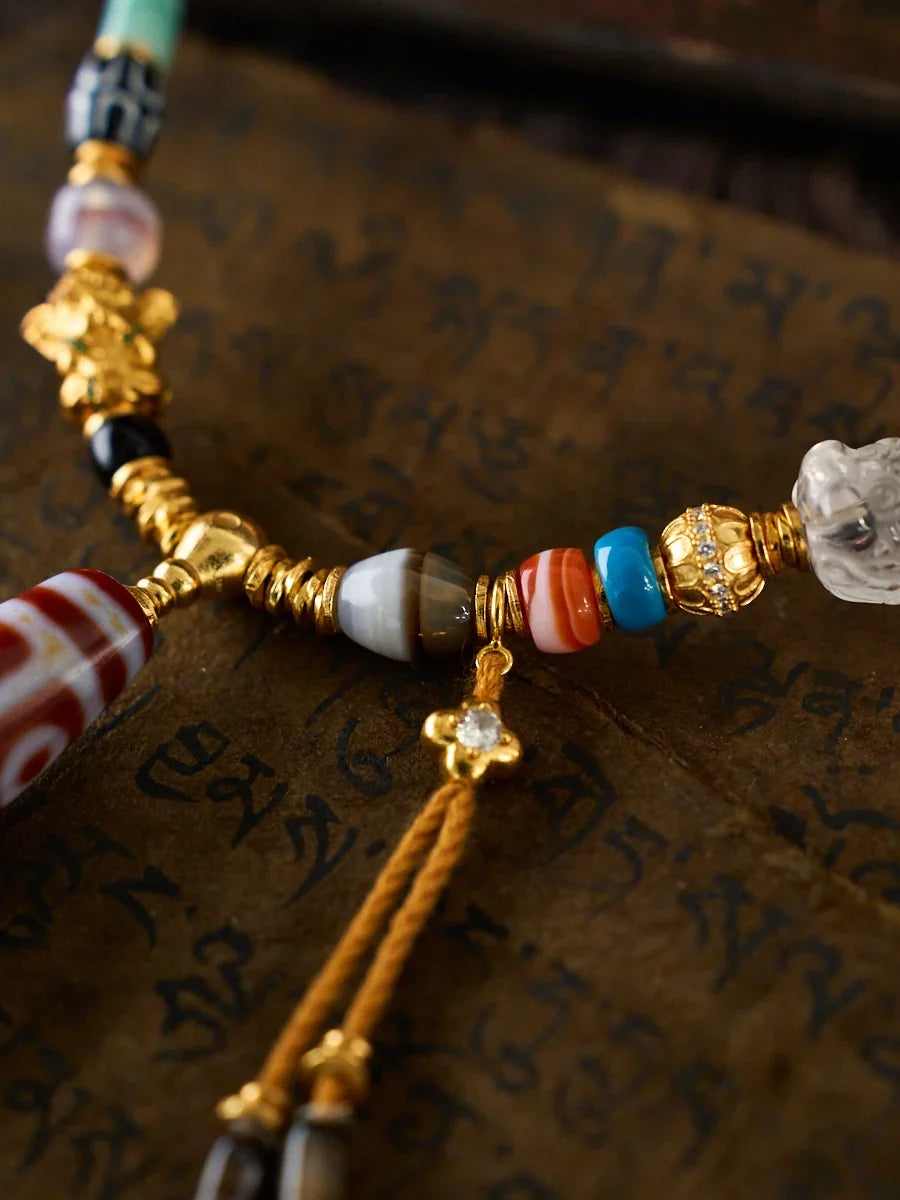 Fortune & Protection Nine-Eyed Cinnabar Dzi Bead Tibetan Necklace