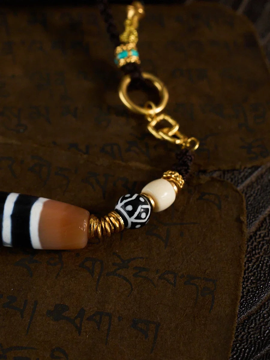 Five Pathways of Abundance & Supreme Fortune – Five-Line Dzi Bead Ganesha Handmade Necklace