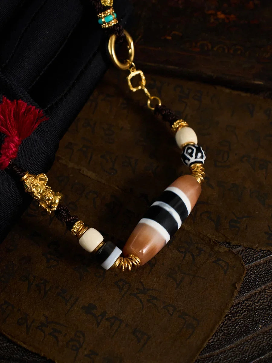 Five Pathways of Abundance & Supreme Fortune – Five-Line Dzi Bead Ganesha Handmade Necklace