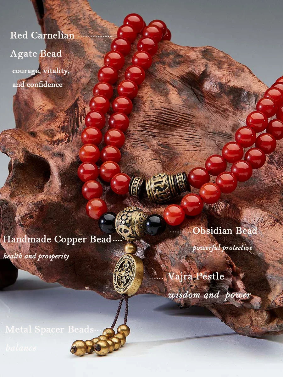 Health Protection Red Agate Obsidian Copper 108 Mala Necklace