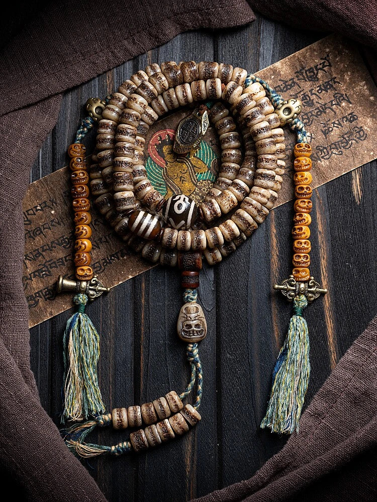 Sacred Scripture 108 Yak Bone Tibetan Mala Necklace