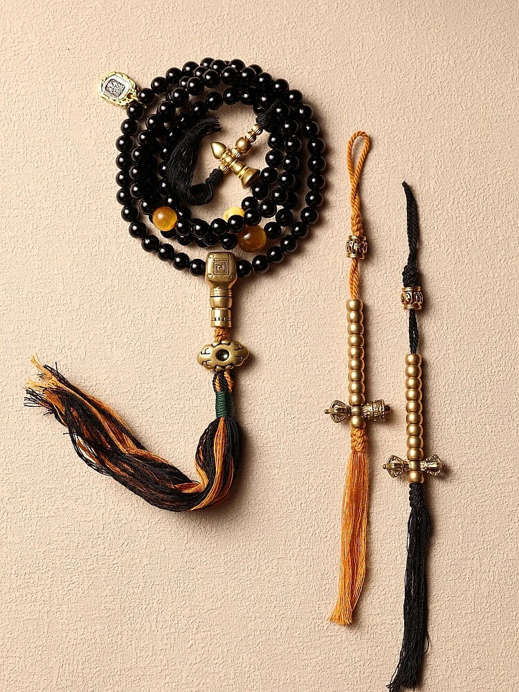 Shadow & Gold 108 Natural Black Agate Mala Necklace