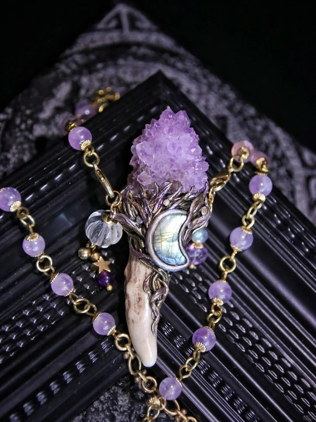 Sacred Antler Wand: Natural Amethyst Scepter Pendant Necklace
