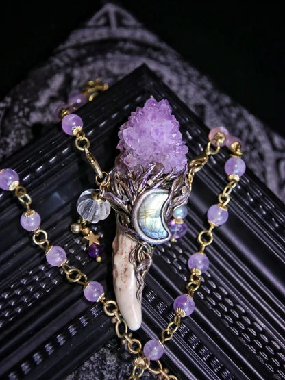 Sacred Antler Wand: Natural Amethyst Scepter Pendant Necklace
