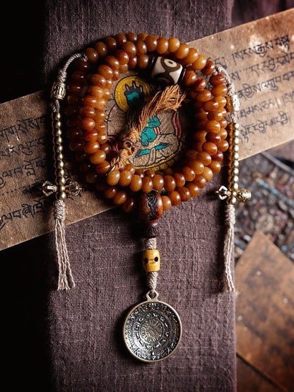 Golden Blessing 108 Yak Bone Dzi Lotus Tibetan Mala Necklace