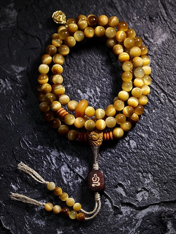 Tibetan Wealth Tiger Eye & Amber Necklace