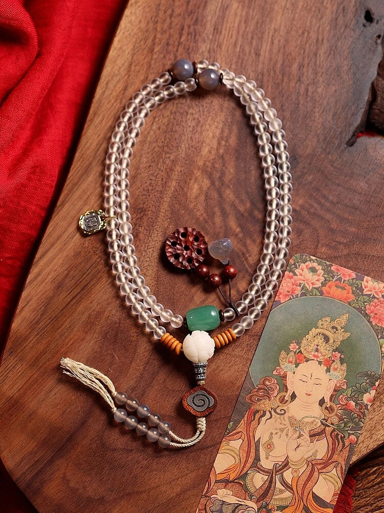 Soft Glow Clear Quartz 108 Mala Beads Necklace
