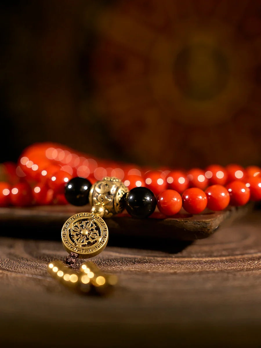 Health Protection Red Agate Obsidian Copper 108 Mala Necklace