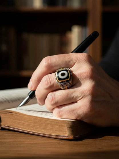 Clarity Dzi Silver Protection Tibetan Treasure Ring