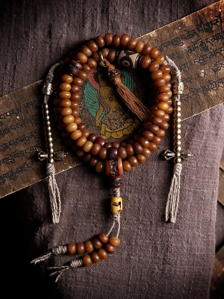 Golden Blessing 108 Yak Bone Dzi Lotus Tibetan Mala Necklace