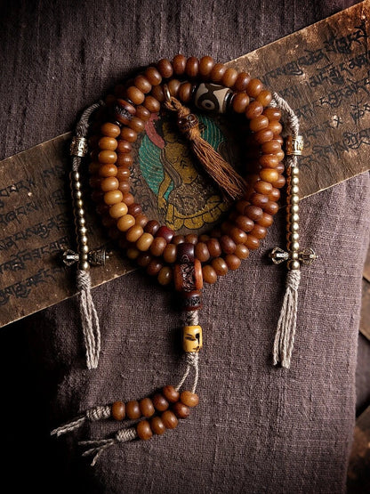 Golden Blessing 108 Yak Bone Dzi Lotus Tibetan Mala Necklace