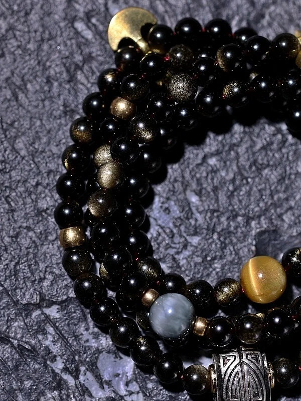 Solar Shield & Wealth 108 Gold Sheen Obsidian Mala