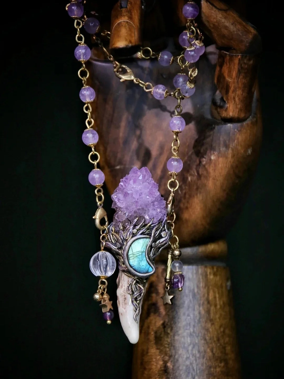 Sacred Antler Wand: Natural Amethyst Scepter Pendant Necklace