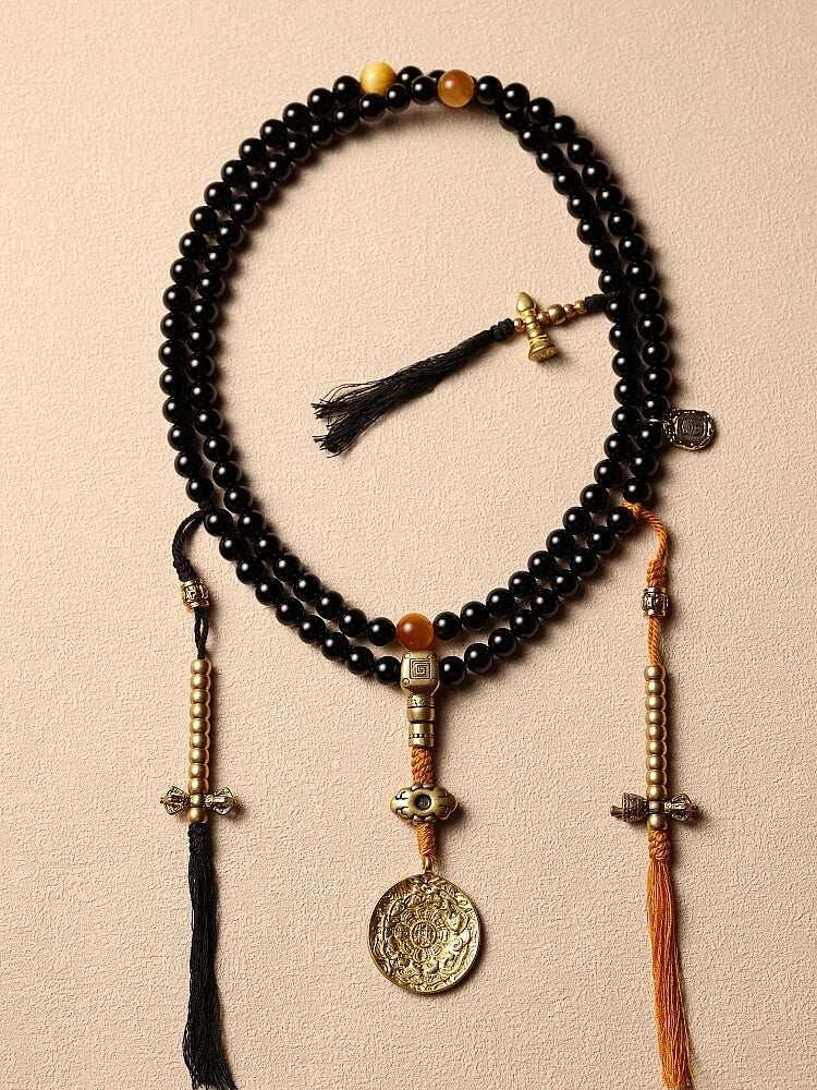 Shadow & Gold 108 Natural Black Agate Mala Necklace