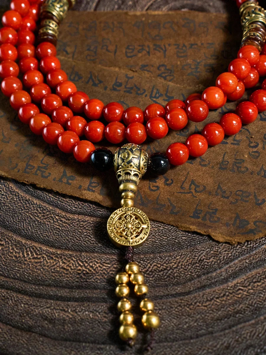 Health Protection Red Agate Obsidian Copper 108 Mala Necklace