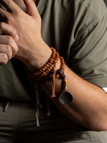 Golden Blessing 108 Yak Bone Dzi Lotus Tibetan Mala Necklace