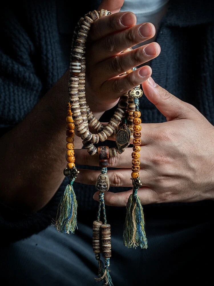 Sacred Scripture 108 Yak Bone Tibetan Mala Necklace