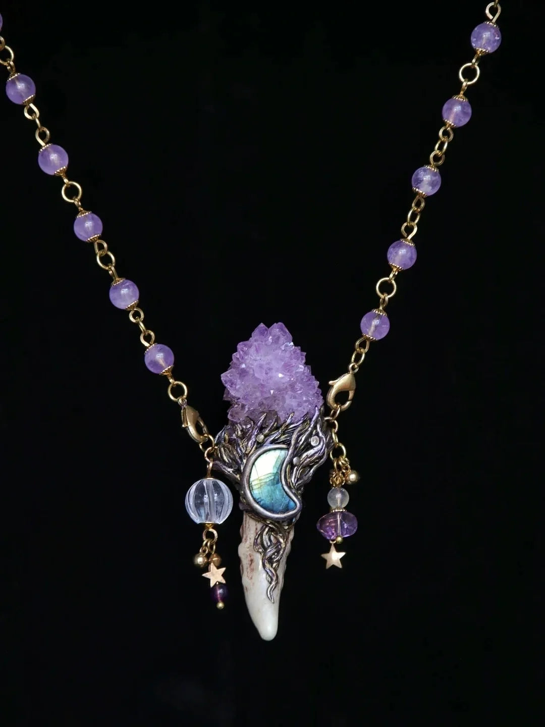 Sacred Antler Wand: Natural Amethyst Scepter Pendant Necklace