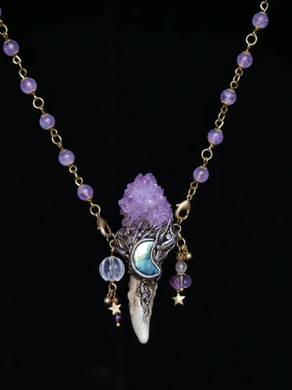 Sacred Antler Wand: Natural Amethyst Scepter Pendant Necklace