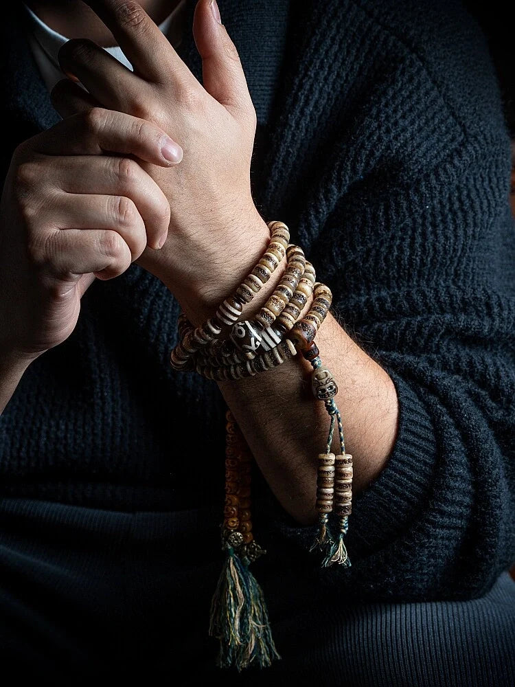 Sacred Scripture 108 Yak Bone Tibetan Mala Necklace