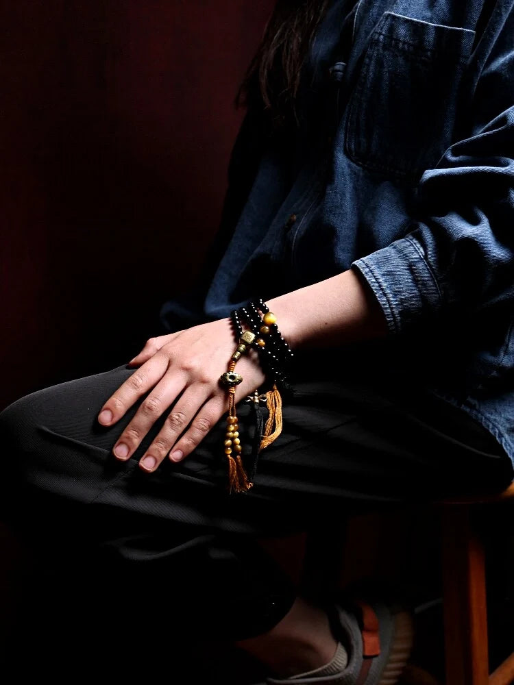 Shadow & Gold 108 Natural Black Agate Mala Necklace
