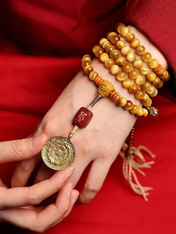 Tibetan Wealth Tiger Eye & Amber Necklace
