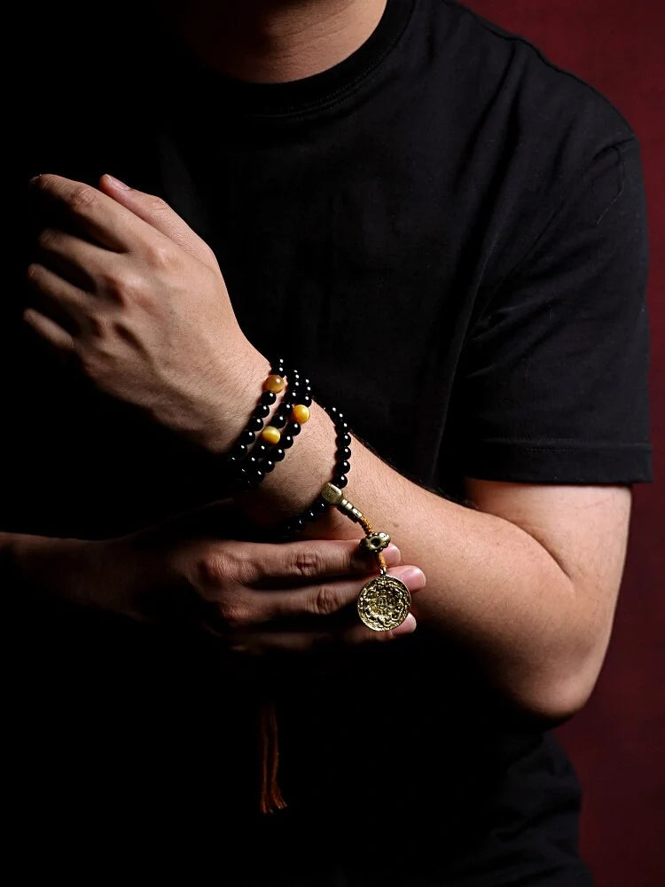 Shadow & Gold 108 Natural Black Agate Mala Necklace
