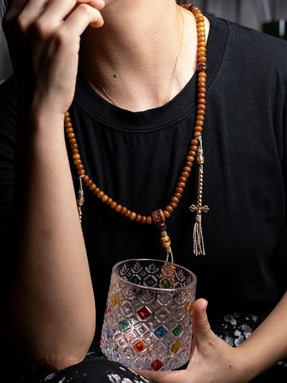 Golden Blessing 108 Yak Bone Dzi Lotus Tibetan Mala Necklace