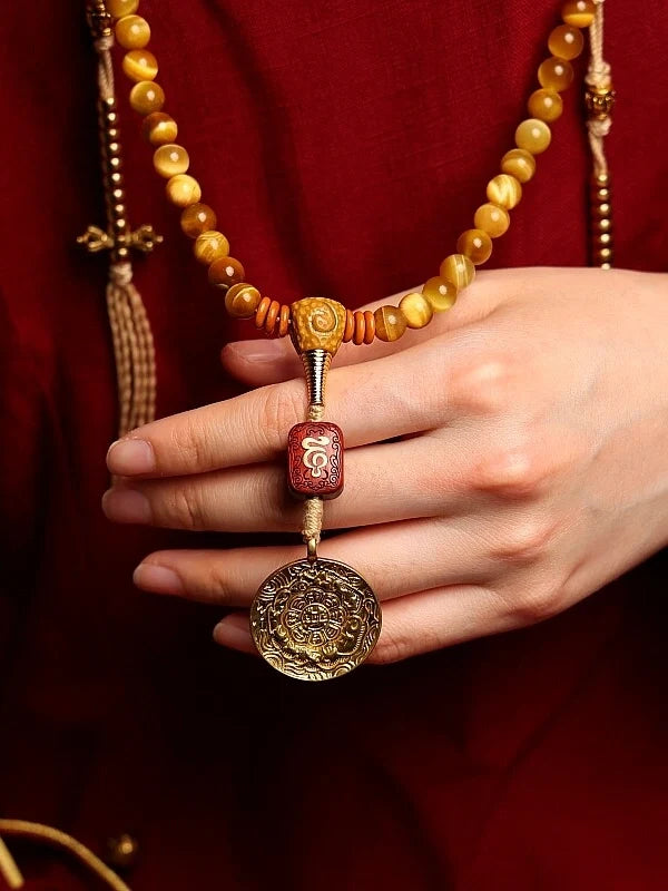 Tibetan Wealth Tiger Eye & Amber Necklace