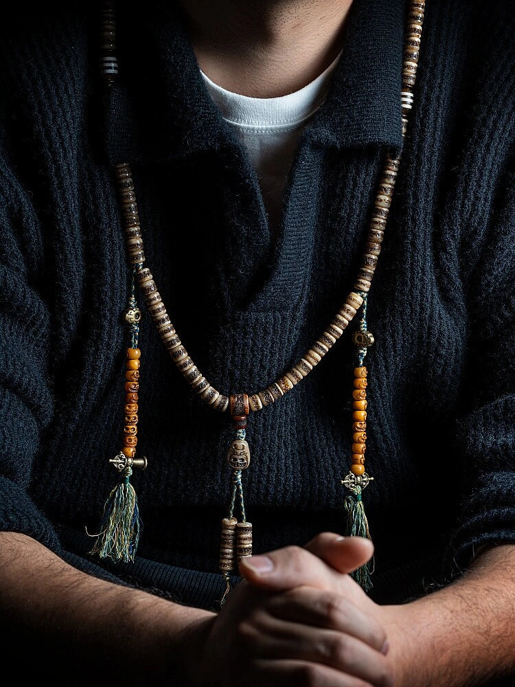 Sacred Scripture 108 Yak Bone Tibetan Mala Necklace