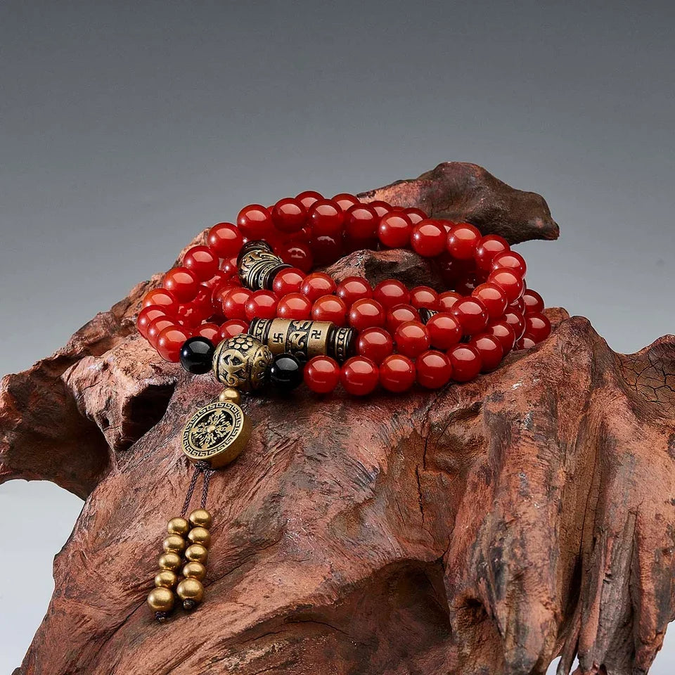 Health Protection Red Agate Obsidian Copper 108 Mala Necklace