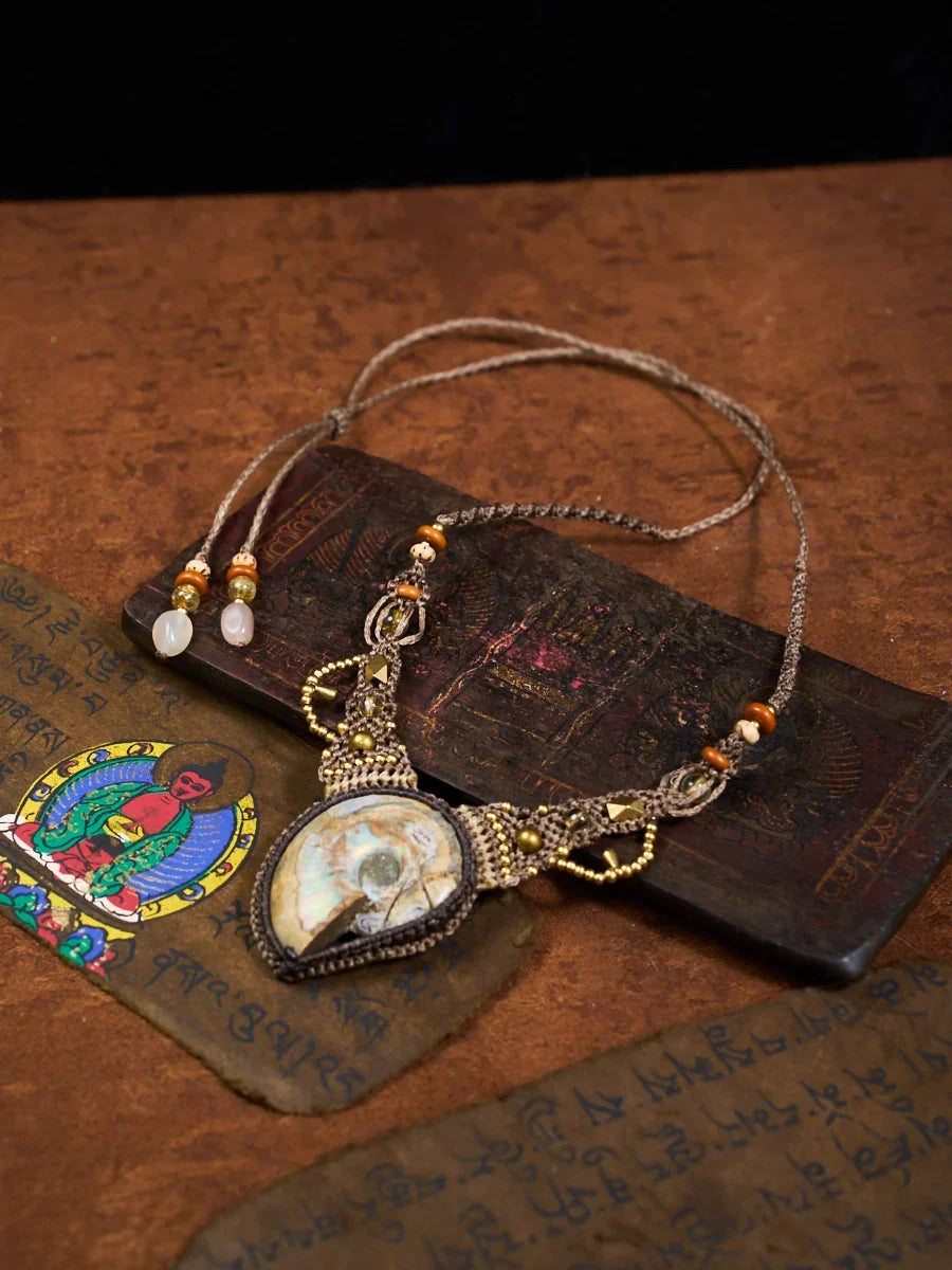 Growth & Abundance Ancient Spiral Ammonite Citrine Macramé Necklace