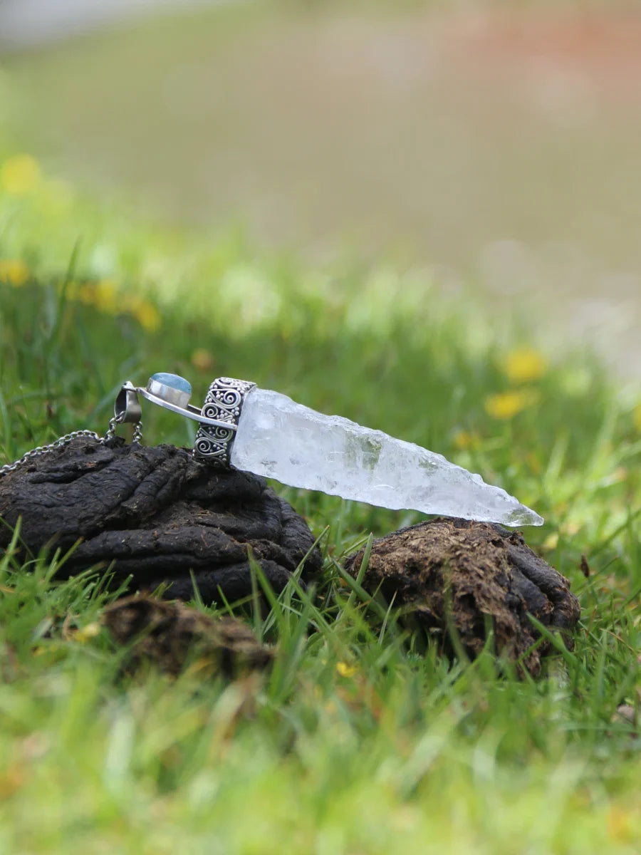 Blessed Spiritual Clarity Clear Quartz Aquamarine Silver Pendant