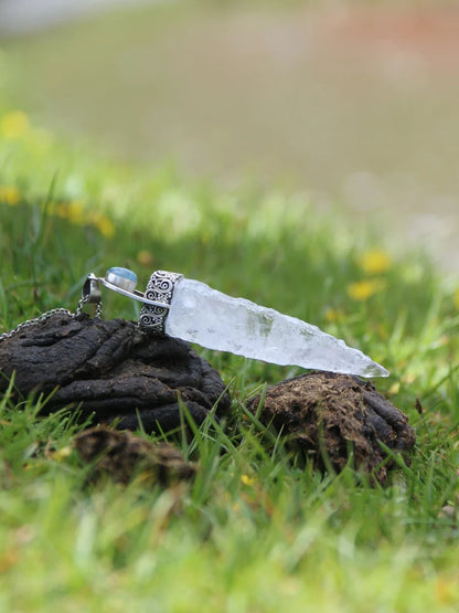 Blessed Spiritual Clarity Clear Quartz Aquamarine Silver Pendant
